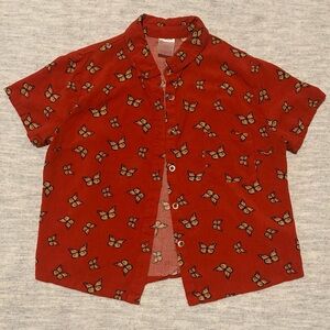 Dark Orange Butterfly Print Button Down Shirt